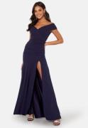 Goddiva Bardot Pleat Maxi Split Dress Navy L (UK14)