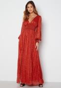 Goddiva Ditsy Long Sleeve Shirred Maxi Dress Red L (UK14)