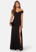 Goddiva Bardot Pleat Maxi Split Dress Black S XL (UK16)