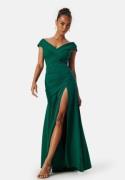 Goddiva Bardot Pleat Maxi Split Dress Emerald XXL (UK18)