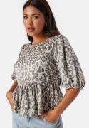 BUBBLEROOM Round Neck Puff Sleeve Blouse  Leopard XS