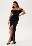 Goddiva Velvet Bardot Corset Maxi Dres Black M (UK12)