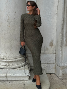 BUBBLEROOM Structure Long Sleeve Midi Dress Khaki green XL