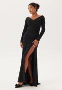 Goddiva Long Sleeve Bardot Pleat Maxi With Split Black XL (UK16)