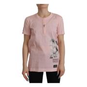 Rosa Blomster Bomull Henley T-skjorte
