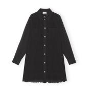 Black 099 Ganni Pleated Georgette Shirt Dress Kjole