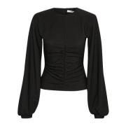 Elegant Drapert Bluse med Puff-ermer