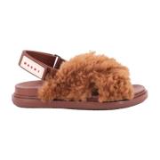 Stilige lærflate sandaler med faux fur