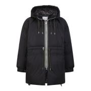 Blouson down jacket with hood and drawstring waist that help retain he...