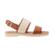 Flat Lær Sandal i Cuoio Rafia