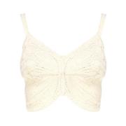 Hvit Ribbestrikket Crop Top med Butterfly Wing Broderi