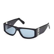 Rektangulære solbriller med svart ramme og blå linser