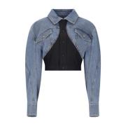 Denim Crop Jakke med Klisk Krage og Knappelukking