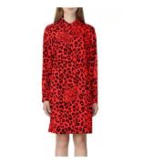 Rød Leopardmønstret Lang Kjole