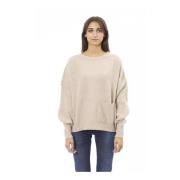 Beige Ull Crewneck Sweater med Frontlomme