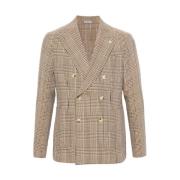 Rutete dobbeltspent blazer i beige/brun/gul