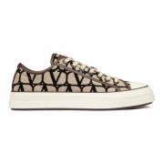 Beige Skinn Sneakers med Logo