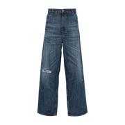 Blå Loose-Fit Denim Jeans med Reparerte Hull