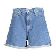 Blå Mom Jeans Shorts Knapp Glidelås Logo