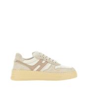 Beige Semskede Sneakers med Hvite Lær Detaljer