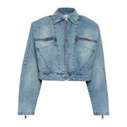 Denim Cropped Jakke med Glidelåsdetaljer