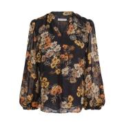 Sort-Blomst Bluse Skjorte med V-Hals