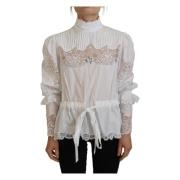 Elegant Hvit Blonder Trim Bluse