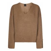 Beige Ribbestrikket V-halsgenser Aw24