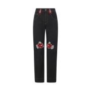 Sort Straight Leg Blomsterbroderte Jeans