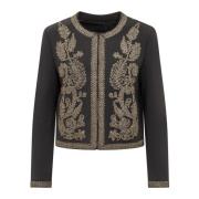 Blomsterbrodert Svart Crew Neck Jakke