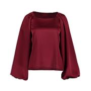 Burgundy Satin Bluse med Lange Ermer