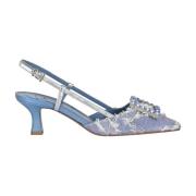 Denim Slingback med Frynser og Rhinestone Spenne