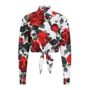 Rose Print Cropped Skjorte Hvit