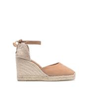 Beige Sandaler med Flettet Raffia Kilehæl