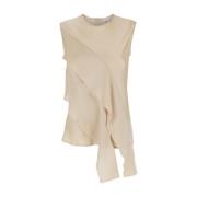 Beige Crewneck Top med Asymmetrisk Rysje