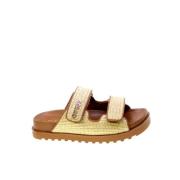 Beige Rafia Mules med Gull Logo