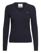 Stretch Cotton Cable V-Neck Tops Knitwear Jumpers Navy GANT