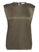 2Nd Cornish Tt - Satin Ease Tops Blouses Sleeveless Khaki Green 2NDDAY