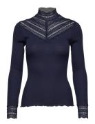 Silk T-Shirt W/ Lace Tops T-shirts & Tops Long-sleeved Blue Rosemunde