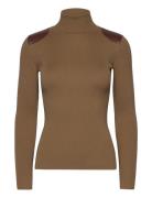 Faux-Leather-Trim Ribbed Turtleneck Tops Knitwear Turtleneck Brown Lau...