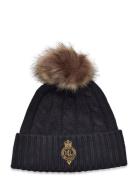 Crest-Patch Pom-Pom Cable-Knit Beanie Accessories Headwear Beanies Bla...