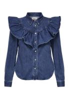 Onlindigo Ls Frill Dnm Shirt Qyt Noos Tops Shirts Long-sleeved Navy ON...